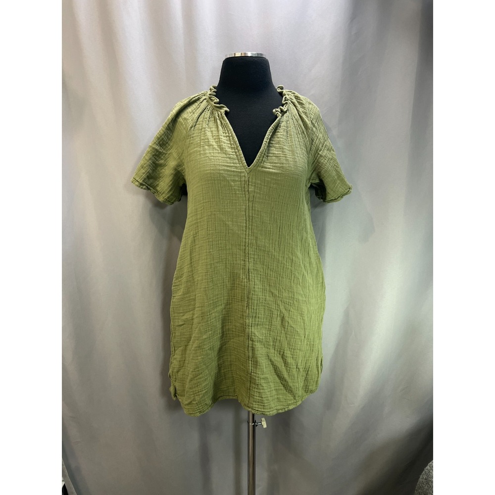 Old Navy Short Sleeve Swing Dress Womens XS Olive Green Cotton Ruffled Collar